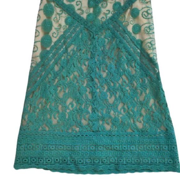 Anthro Champagne and Strawberry Lace Dress Floral Blue Shift Summer Size S - Picture 5 of 9